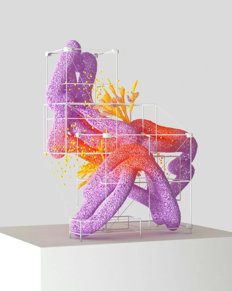 A vibrant abstract sculpture with intertwined purple and orange textured shapes, accented by yellow elements, is displayed on a white pedestal against a plain background—its thin white metal frames echoing the importance of fire ratings in modern construction safety.