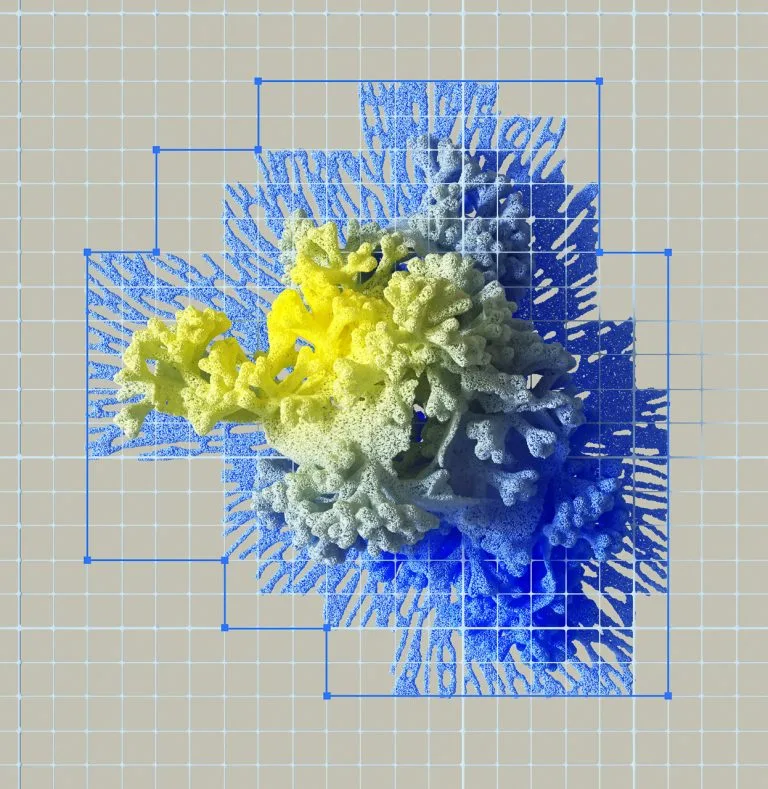 A digital rendering of a coral-like structure in yellow and blue sits on a light grid background, surrounded by geometric blue overlays and dotted lines, echoing the fusion of organic forms and technological advances seen in fire ratings in modern construction safety.
