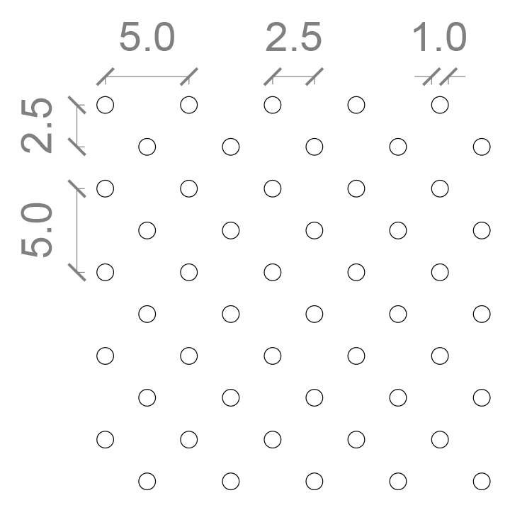 A black square showcases coordinate axes from 0 to 10 with gray lines. Tick marks and labels are set at 1.0, 2.5, and 5.0 units, evoking the precise layout found in Ligkt™ Microperforated Ceiling Technology designs.