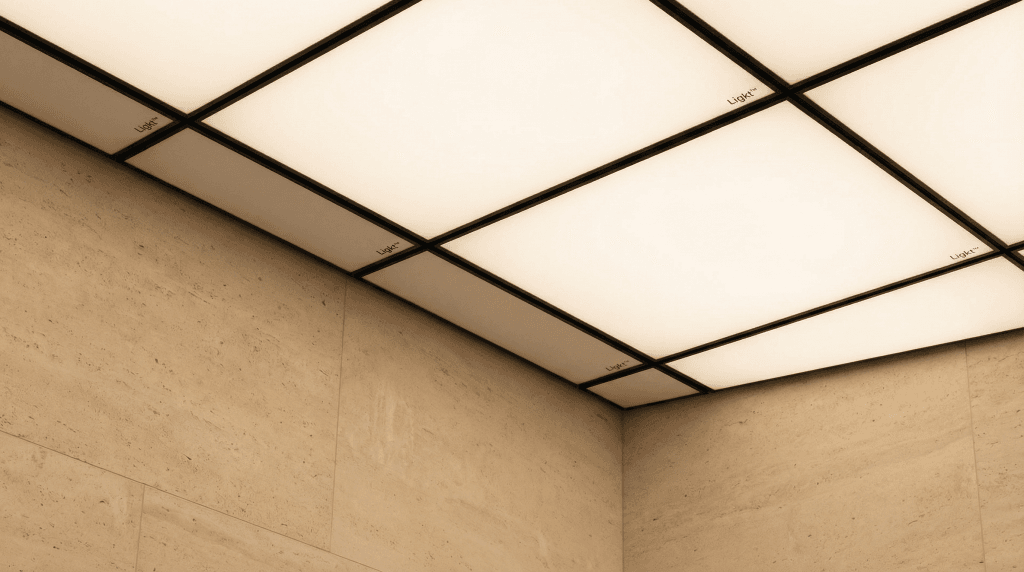 A corner of a room with beige stone walls and a ceiling made of illuminated Ligkt™ Stretch Ceilings panels arranged in a grid pattern.