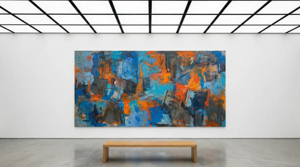 A large abstract painting with bold blue, orange, and gray brushstrokes hangs on a white gallery wall. A wooden bench sits in front on a polished floor beneath a Ligkt™ Stretch Ceilings grid-patterned ceiling light.