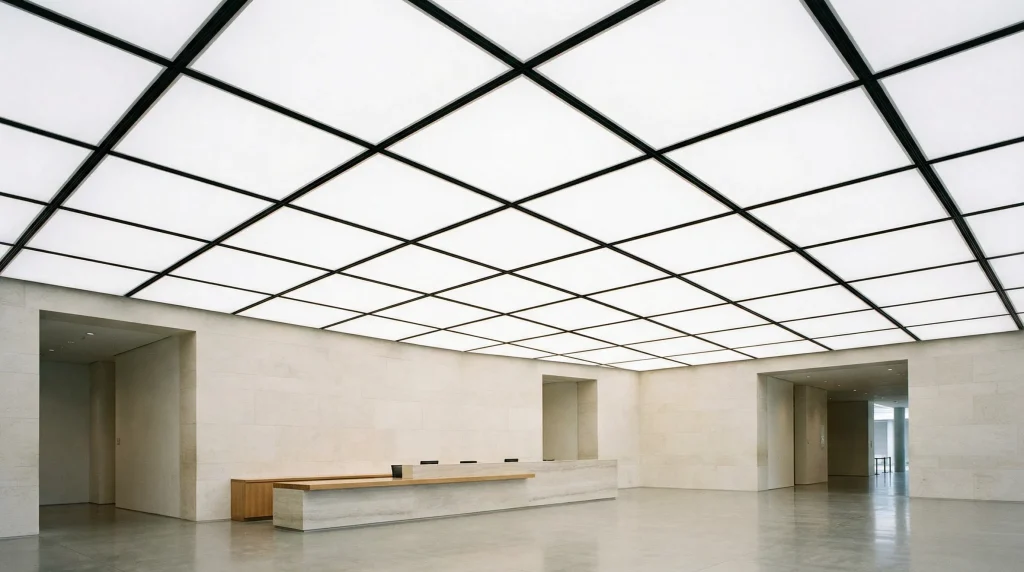 A spacious, minimalist lobby with light stone walls, a sleek wooden and stone reception desk, and a grid-patterned illuminated Ligkt™ Stretch Ceilings. The space is empty and modern, with clean lines and neutral tones.