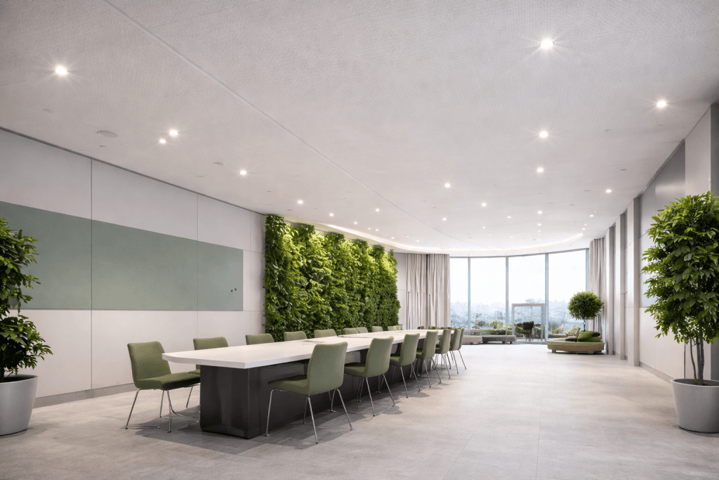 Modern conference room with a long white table, green chairs, potted plants, and a living green wall. Large windows and natural light enhance the bright, spacious feel—highlighting minimalist decor and C2C Pathways for Stretch Ceiling Systems.