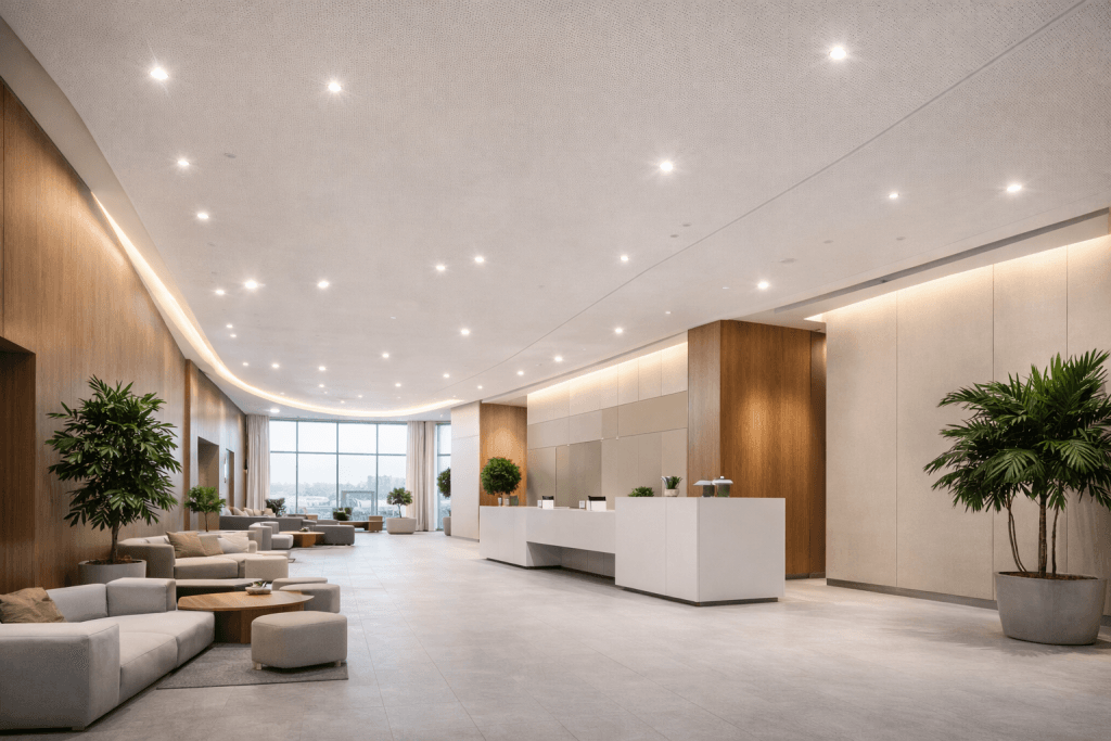 A modern, spacious lobby with large potted plants, minimalistic white reception desk, and comfortable seating areas. Warm wood accents and large windows highlight the C2C Pathways for Stretch Ceiling Systems, creating an inviting atmosphere.