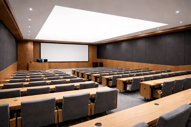 A modern, empty lecture hall with rows of wooden desks, gray cushioned chairs, and a large projection screen at the front features wood-paneled walls and bright ceiling lighting, enhanced by Low Emission Stretch Ceiling Membranes.