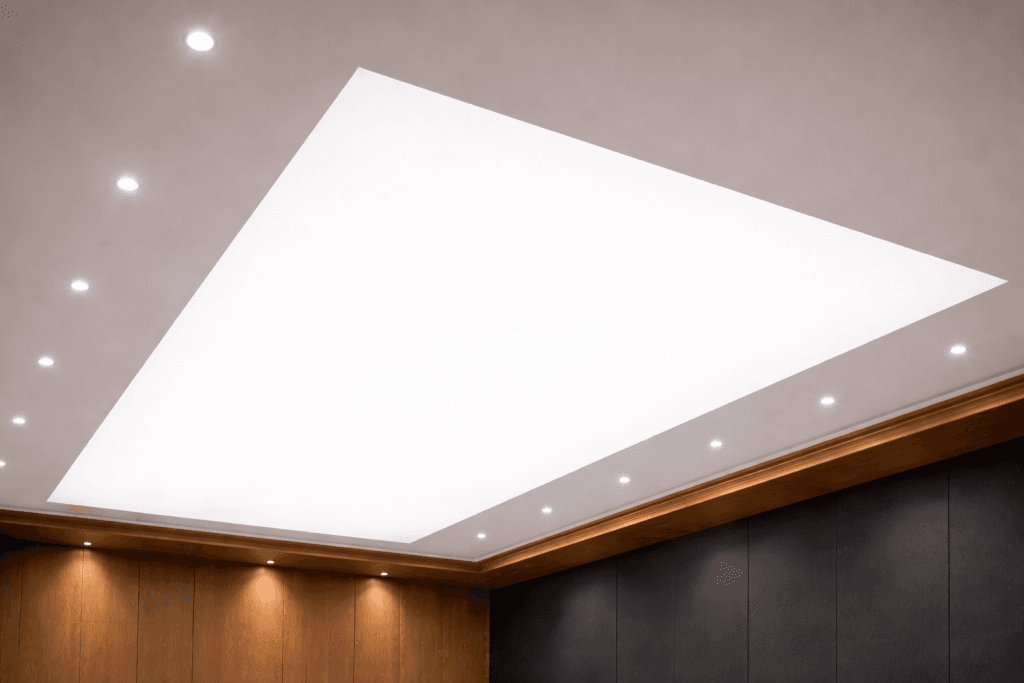 A modern ceiling with a large, illuminated rectangular panel in the center, possibly featuring Low Emission Stretch Ceiling Membranes. Small recessed spotlights and wood-paneled walls create a clean, contemporary look.