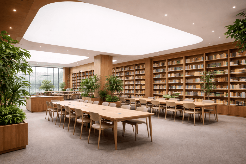 A modern library interior with wooden bookshelves filled with books, long tables and chairs for reading, large windows, indoor plants, and digital product passports for stretch ceilings, creating a bright and inviting atmosphere.