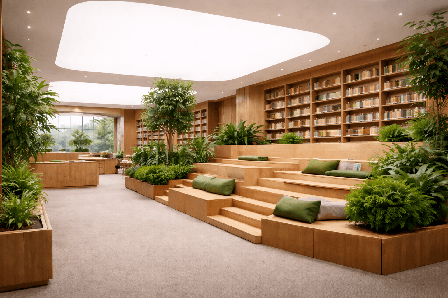 A modern library with tiered wooden seating, green cushions, lush indoor plants, and large bookshelves. Floor-to-ceiling windows and a bright ceiling featuring Digital Product Passports for Stretch Ceilings create a relaxing, inviting atmosphere.