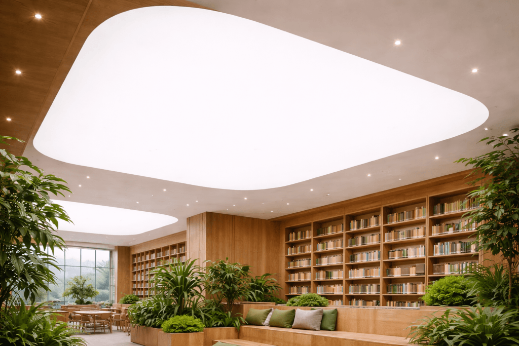 Modern library interior with large, curved ceiling lights—now featuring Digital Product Passports for Stretch Ceilings—wooden bookshelves filled with books, green indoor plants, tiered seating, and floor-to-ceiling windows letting in natural light.