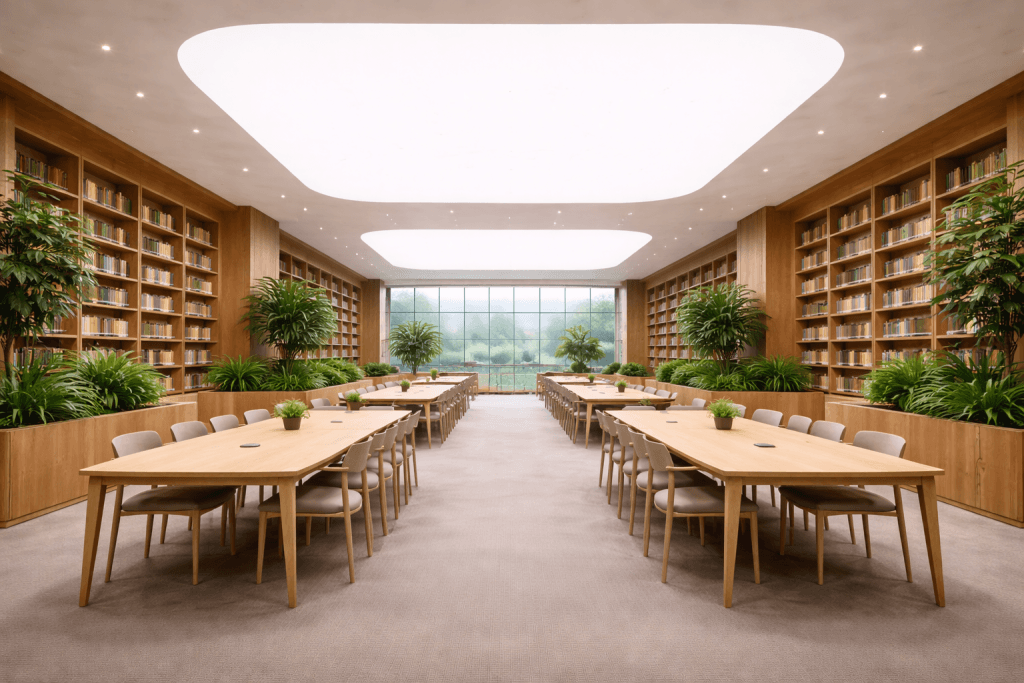 A modern library room with tall bookshelves, large potted plants, and two long wooden tables with chairs. A large window at the back lets in natural light, while Digital Product Passports for Stretch Ceilings complete the innovative, serene setting.