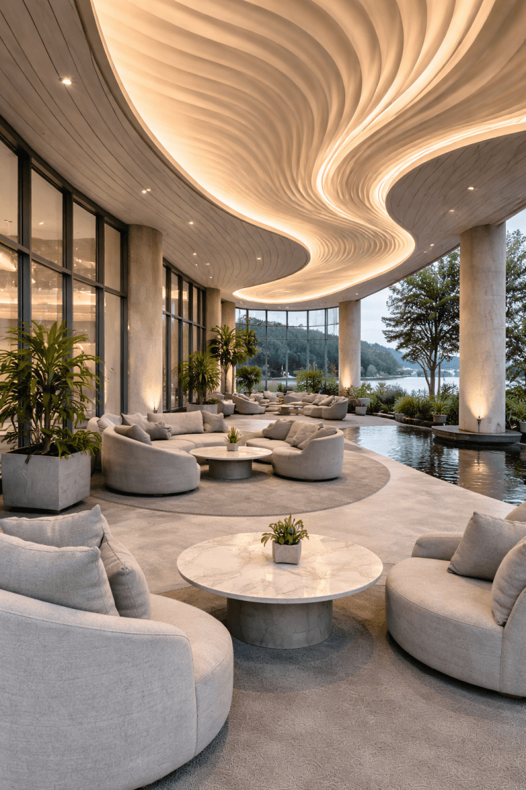 A modern lounge with curved sofas, round marble tables, potted plants, and a wavy illuminated ceiling. Large windows with facade cladding overlook trees and a lake, creating a serene and elegant atmosphere.