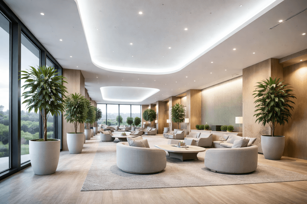A spacious, modern lounge with large windows, neutral-toned curved sofas, coffee tables, tall potted plants, and soft lighting features views of greenery outside—all within a building designed with an AI-Assisted Fire Strategy for Façade Systems.