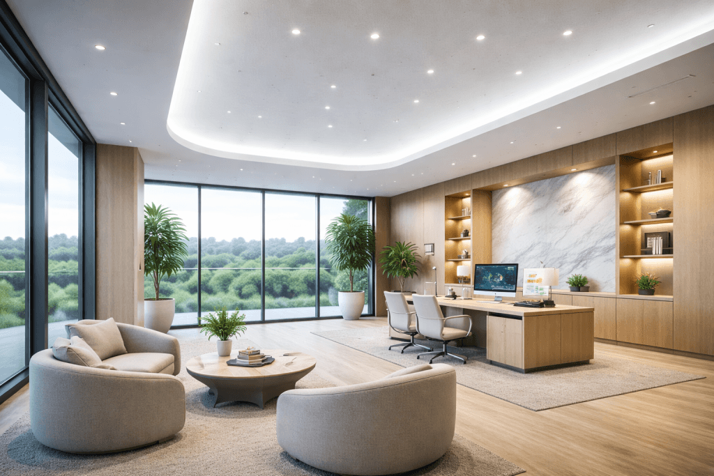Spacious modern office with large windows, minimalist wooden furniture, a desk with computer displaying an AI-Assisted Fire Strategy for Façade Systems, two round chairs, a coffee table, potted plants, and greenery visible outside.