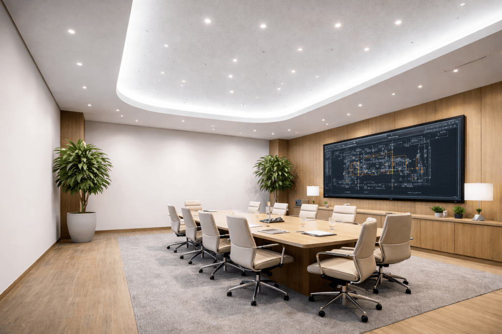 Modern conference room with a large wooden table surrounded by white chairs, plants in the corners, and a large screen on the wall displaying AI-Assisted Fire Strategy for Façade Systems technical drawings. The room is well-lit with ceiling lights.