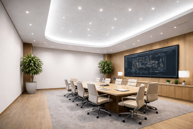 Modern conference room with a large wooden table surrounded by white chairs, plants in the corners, and a large screen on the wall displaying AI-Assisted Fire Strategy for Façade Systems technical drawings. The room is well-lit with ceiling lights.