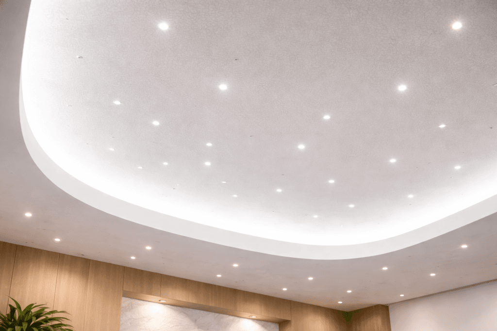 A modern interior ceiling with a smooth, curved design and numerous small recessed lights—complemented by wood-paneled walls—creates a refined space where an AI-Assisted Fire Strategy for Façade Systems can be seamlessly integrated. A plant accents the lower left corner.