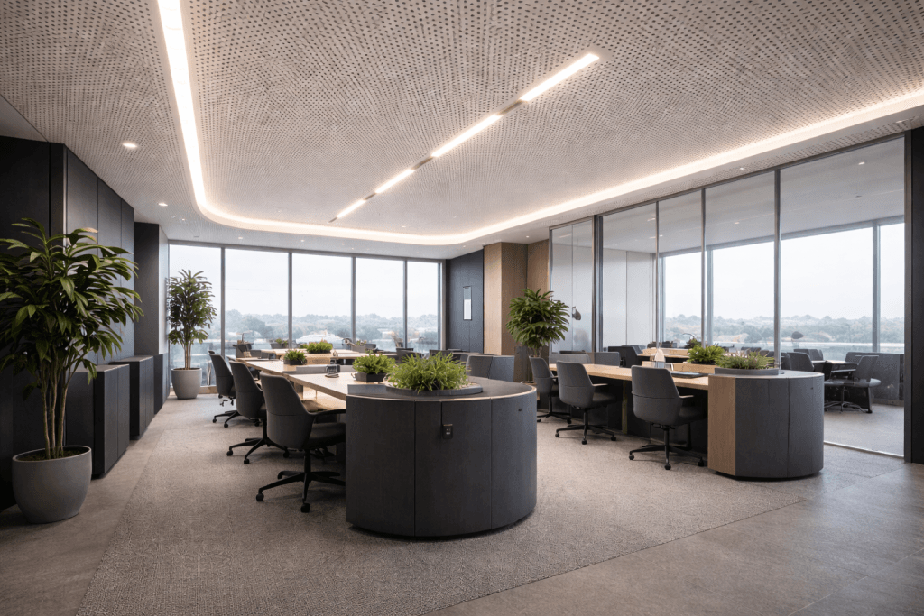Modern office space with circular desks, gray chairs, potted plants, and large windows featuring city views. Glass meeting rooms and soft lighting support a clean, professional atmosphere—ideal for teams working on Machine Learning Acoustic Prediction for Stretch Ceilings.