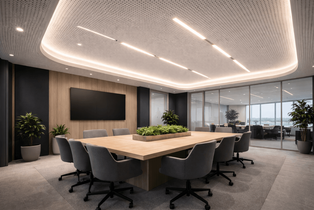 A modern conference room with a large wooden table surrounded by gray chairs, potted plants, and floor-to-ceiling glass windows. Contemporary lighting accents the ceiling, enhanced by Machine Learning Acoustic Prediction for Stretch Ceilings.