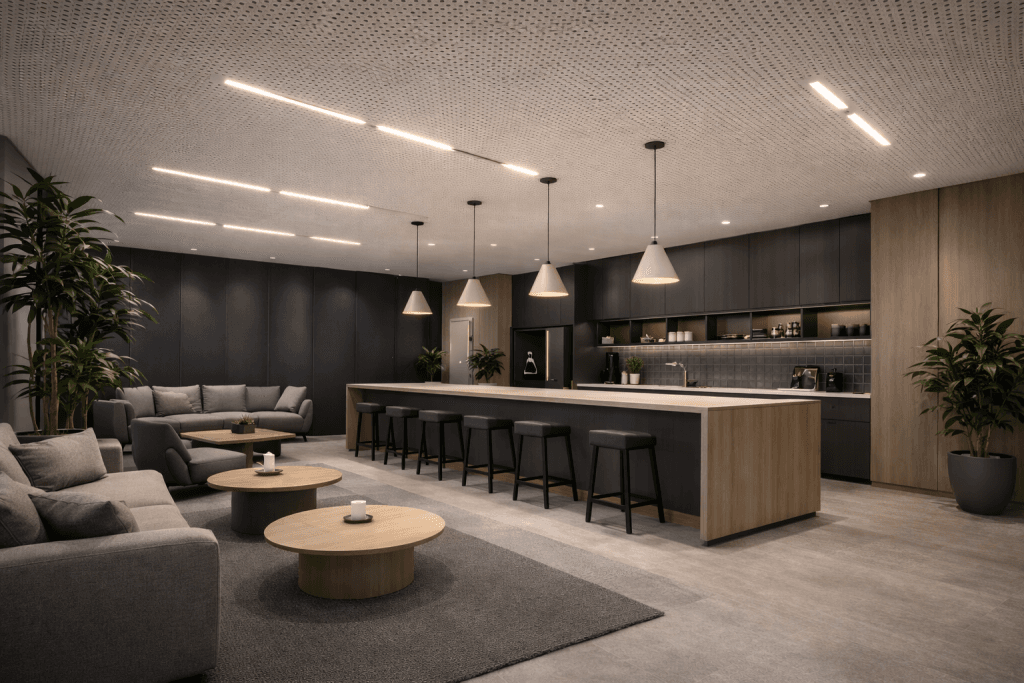 A modern, open-concept kitchen and lounge area with a long island, bar stools, pendant lights, grey sofas, and sleek dark cabinetry. The space features minimalist decor and benefits from Machine Learning Acoustic Prediction for Stretch Ceilings.