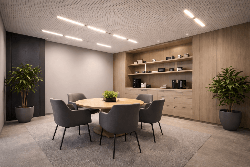 Modern conference room with a round wooden table, five gray chairs, two potted plants, light gray rug, built-in shelves and cabinets. Machine Learning Acoustic Prediction for Stretch Ceilings enhances the clean and minimalist atmosphere.