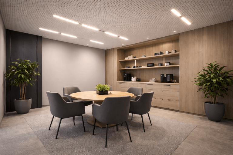 Modern conference room with a round wooden table, five gray chairs, two potted plants, light gray rug, built-in shelves and cabinets. Machine Learning Acoustic Prediction for Stretch Ceilings enhances the clean and minimalist atmosphere.