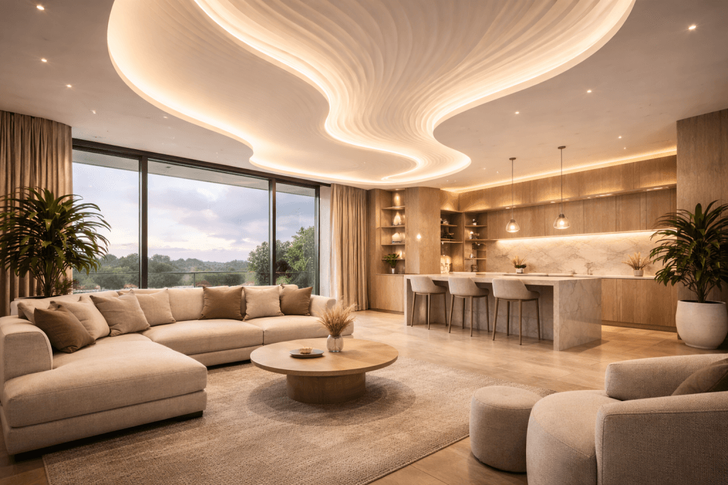 A modern living room with beige furniture, a round coffee table, large windows showing greenery, elegant lighting on a sculpted ceiling, and an open kitchen with barstools and pendant lights.