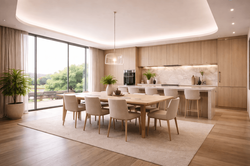 A modern, spacious kitchen and dining area features light wood cabinets, marble countertops, and a large dining table for eight. Recycled PET Acoustic Panels with Stretch Ceilings enhance acoustics while floor-to-ceiling windows overlook greenery.