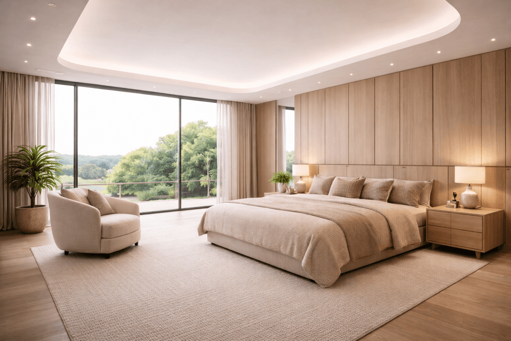A spacious, modern bedroom with a large bed, neutral tones, wooden walls, and Recycled PET Acoustic Panels with Stretch Ceilings features two nightstands with lamps, an armchair, a potted plant, and floor-to-ceiling windows overlooking lush greenery.