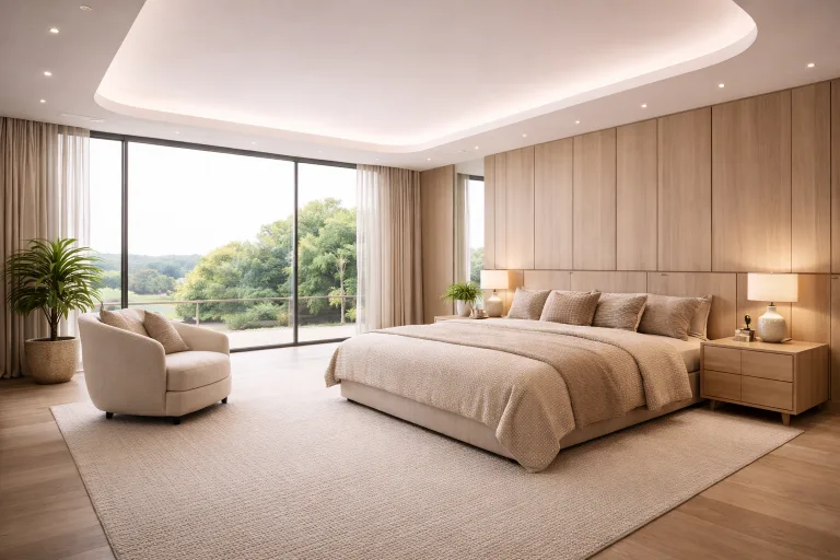 A spacious, modern bedroom with a large bed, neutral tones, wooden walls, and Recycled PET Acoustic Panels with Stretch Ceilings features two nightstands with lamps, an armchair, a potted plant, and floor-to-ceiling windows overlooking lush greenery.