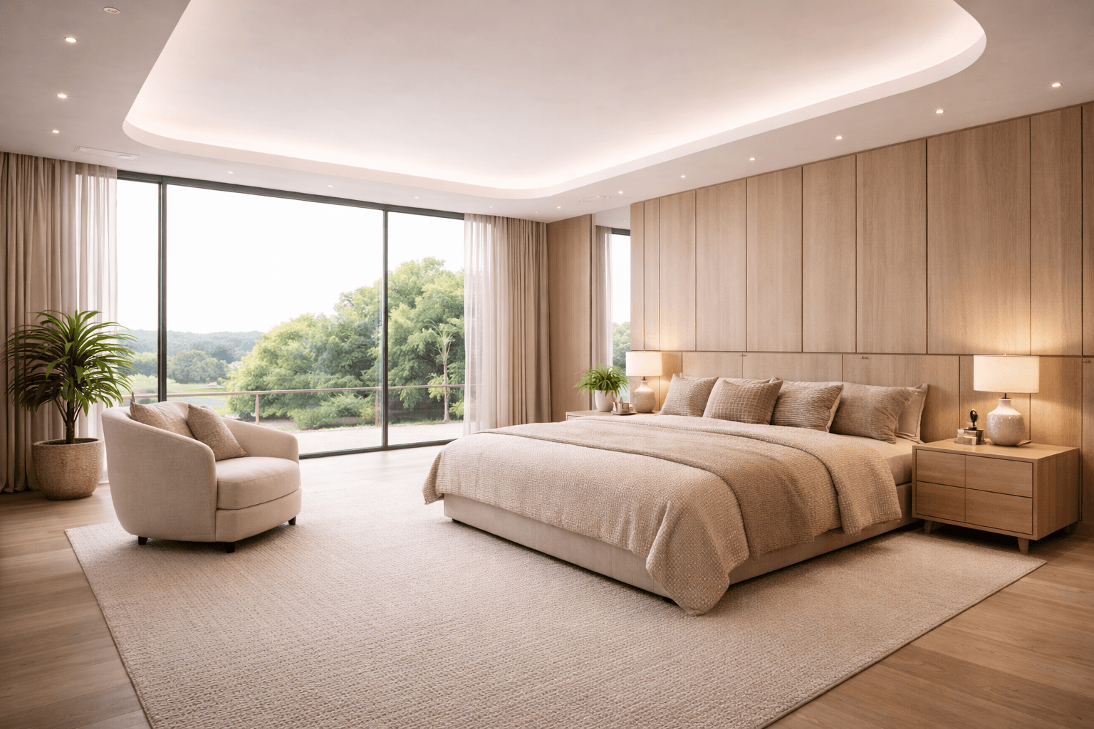 A spacious, modern bedroom with a large bed, neutral tones, wooden walls, and Recycled PET Acoustic Panels with Stretch Ceilings features two nightstands with lamps, an armchair, a potted plant, and floor-to-ceiling windows overlooking lush greenery.