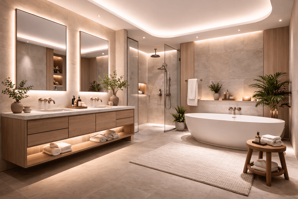 Modern bathroom with a large oval bathtub, glass shower, double sink vanity with mirrors, plants, wooden accents, soft lighting, and neatly arranged towels—enhanced by Recycled PET Acoustic Panels with Stretch Ceilings for added comfort.