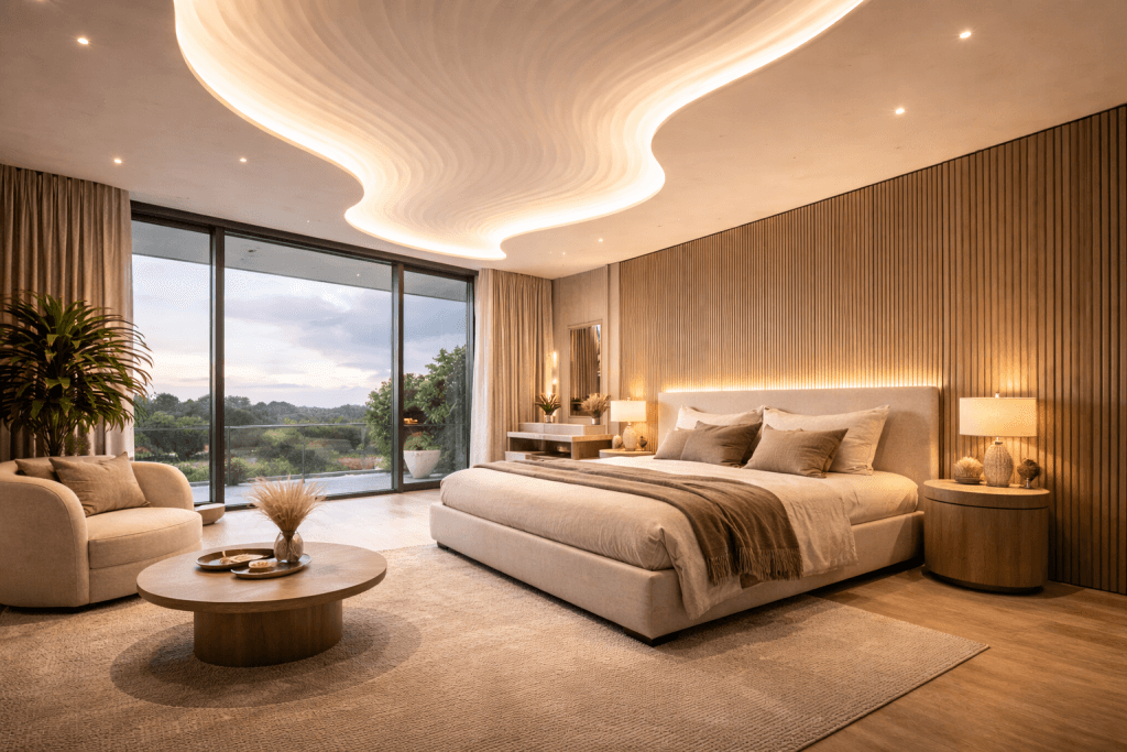 A bedroom with a large bed and a table.