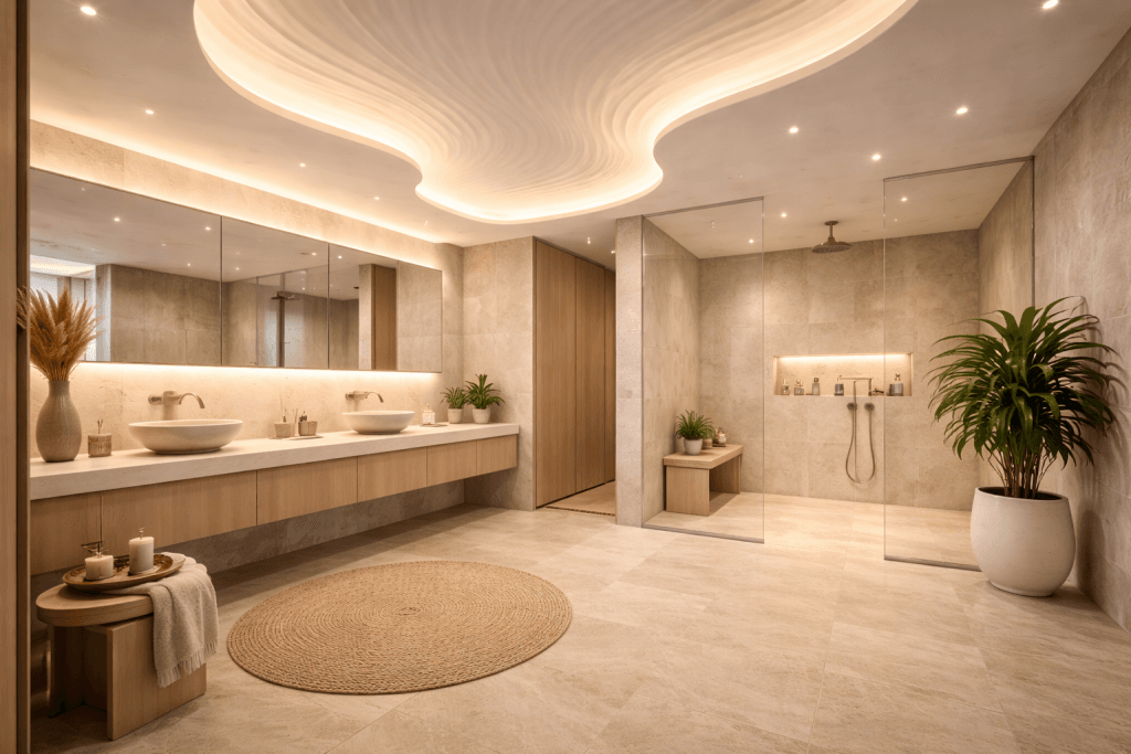 A spacious, modern bathroom with neutral tones, a double sink vanity, a large circular rug, a walk-in glass shower, potted plants, and soft, wave-like ceiling lighting creating a calm, luxurious atmosphere.