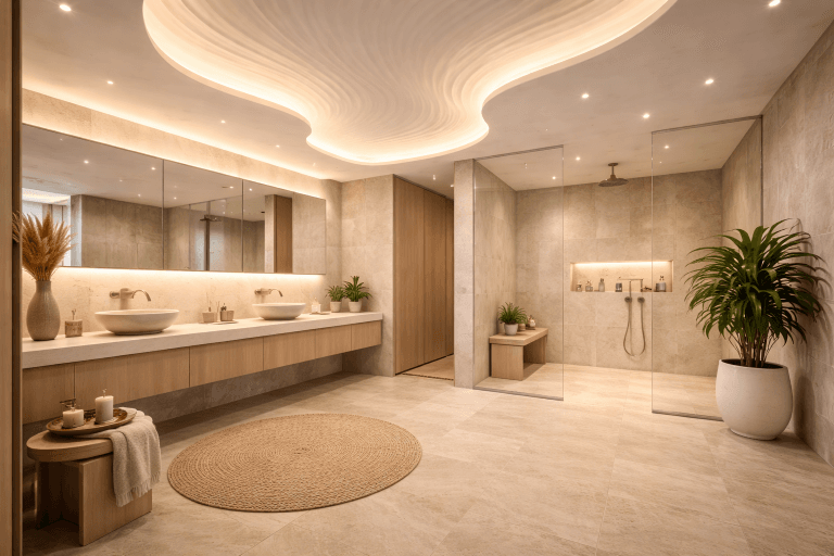 A spacious, modern bathroom with neutral tones, a double sink vanity, a large circular rug, a walk-in glass shower, potted plants, and soft, wave-like ceiling lighting creating a calm, luxurious atmosphere.