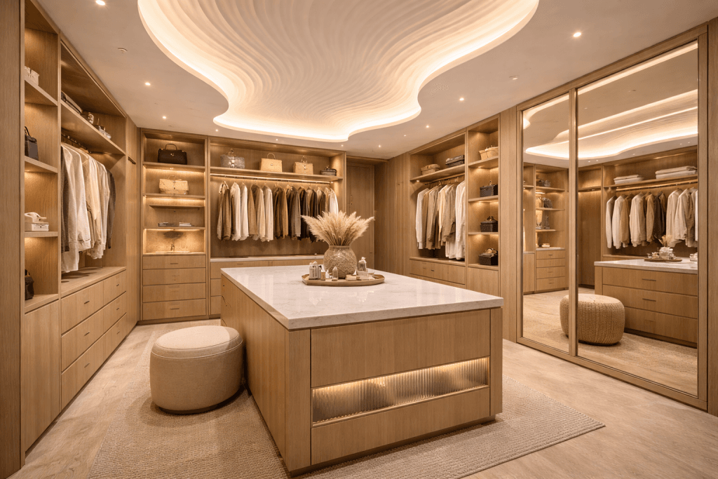 Spacious, modern walk-in closet with wooden shelves, drawers, and hanging clothes. A large marble-topped island sits in the center, decorated with dried flowers. Soft, wavy ceiling lights create a cozy, elegant atmosphere.