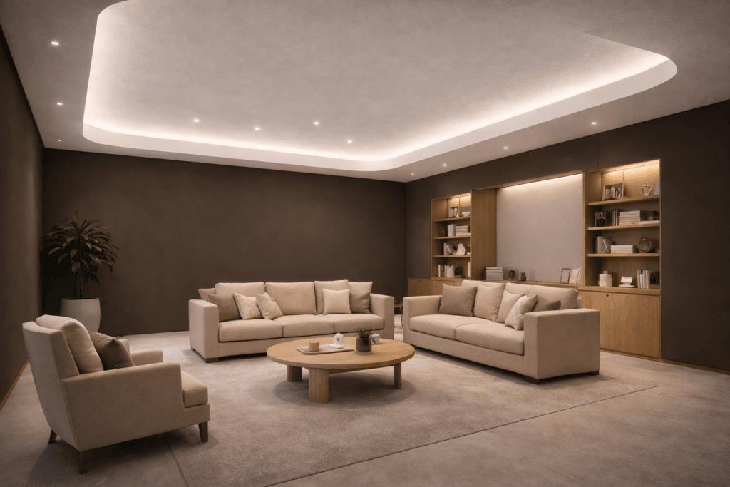 A modern living room with beige sofas, an armchair, a round wooden coffee table, and built-in shelves. The space features fire rating optimisation inspired by Deep Learning for NRC and a large plant in the corner under warm recessed ceiling lights.