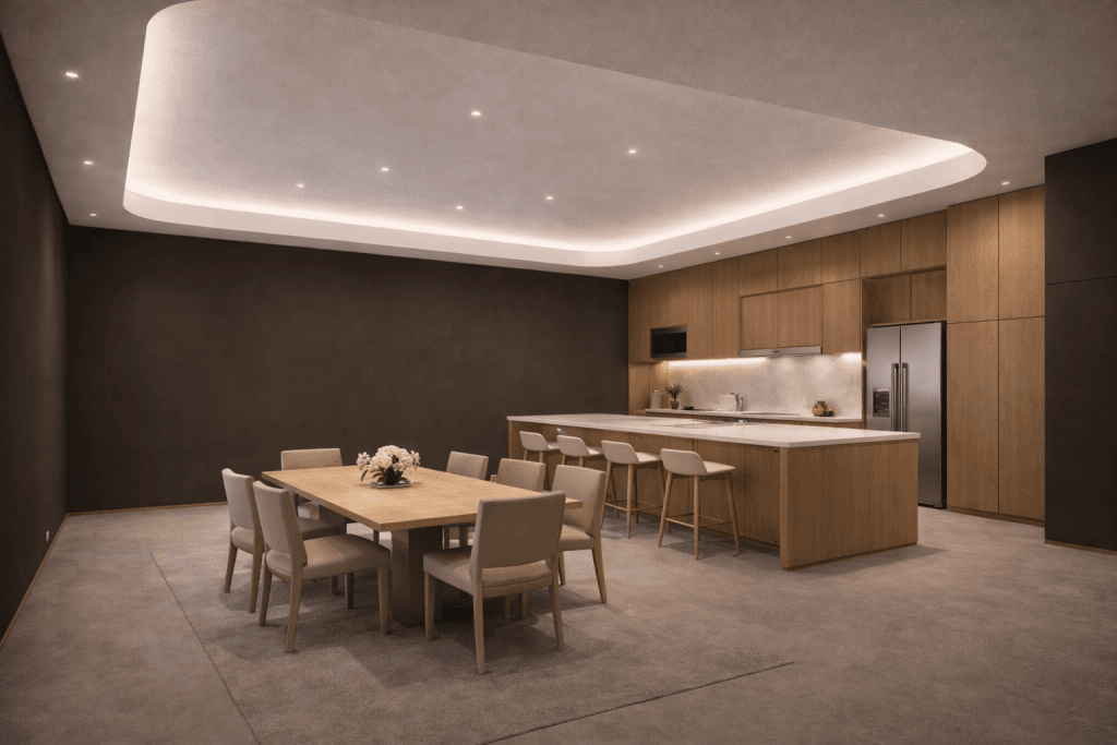 A modern kitchen and dining area with wooden cabinets, an island with bar stools, a dining table, built-in appliances, and soft recessed lighting—designed with minimalist decor and optimized using Deep Learning for NRC and Fire Rating.