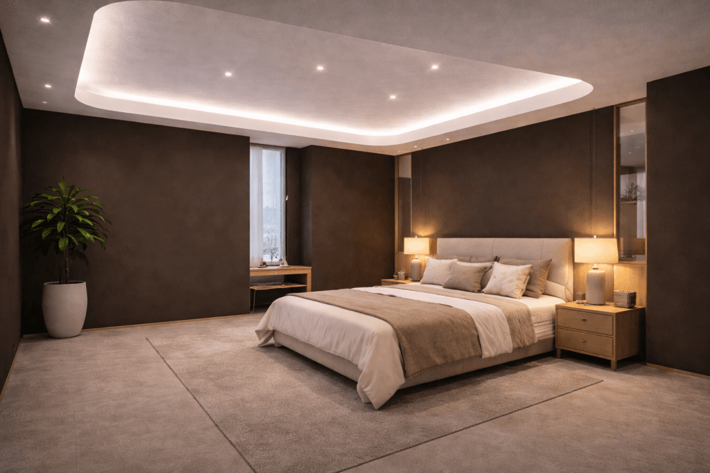 A modern bedroom with a large bed, beige bedding, and recessed ceiling lights creates a serene space—ideal for exploring Deep Learning for NRC and Fire Rating Optimisation in cutting-edge home design.