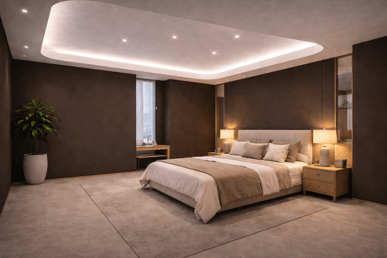 A modern bedroom with a large bed, beige bedding, and recessed ceiling lights creates a serene space—ideal for exploring Deep Learning for NRC and Fire Rating Optimisation in cutting-edge home design.