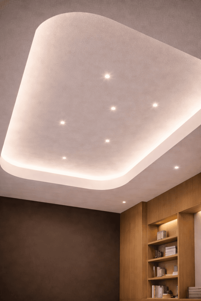A modern room with a curved, recessed ceiling featuring built-in lights. Wooden shelves with books and decor line one wall. The design is minimal and contemporary, integrating Deep Learning for NRC and Fire Rating Optimisation.