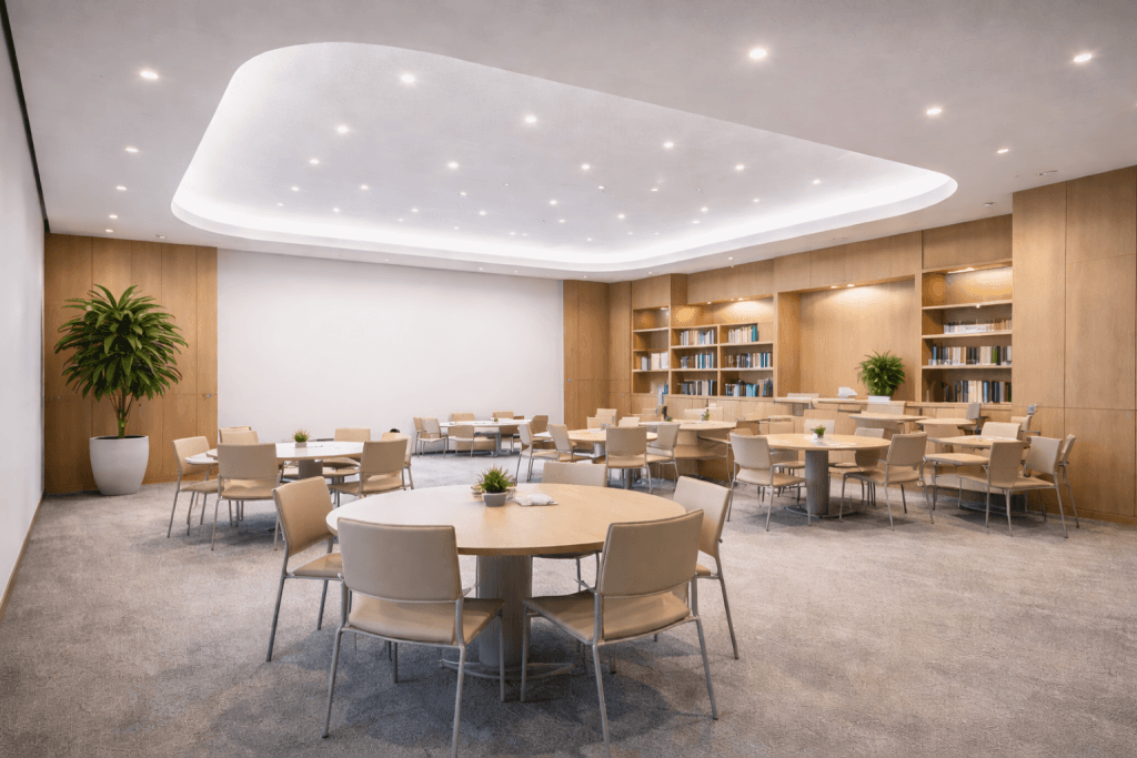 A modern meeting room with round tables and beige chairs, featuring LEED v4.1 Acoustic Panel Credits, a large potted plant, bookshelves along the back wall, and soft ceiling lights creating a bright, welcoming atmosphere.