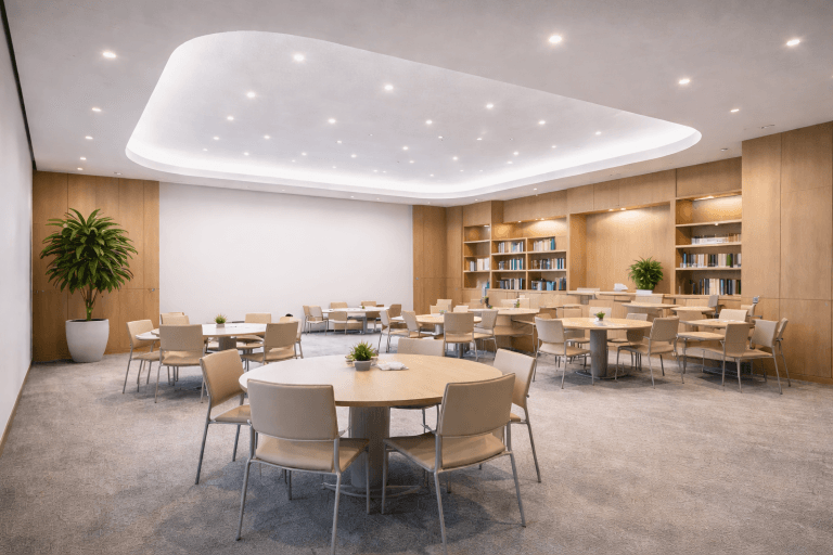 A modern meeting room with round tables and beige chairs, featuring LEED v4.1 Acoustic Panel Credits, a large potted plant, bookshelves along the back wall, and soft ceiling lights creating a bright, welcoming atmosphere.
