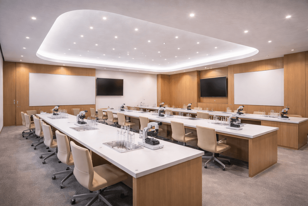 A modern laboratory classroom with long tables, beige chairs, several microscopes, test tubes, and three large wall-mounted screens. The room is brightly lit with recessed ceiling lights and features LEED v4.1 Acoustic Panel Credits for enhanced sound quality.