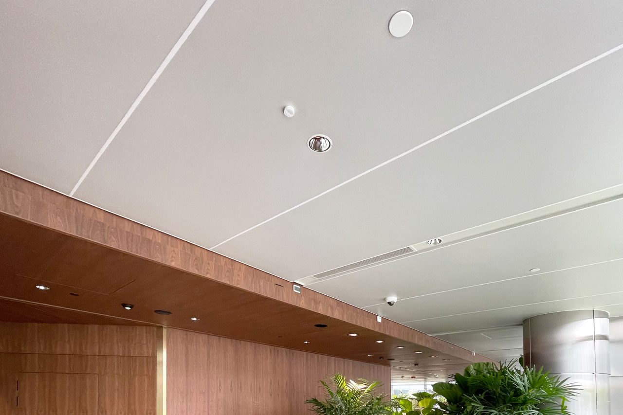 A modern indoor space with a wood-paneled wall, Ligkt™ Stretch Membrane Ceiling featuring recessed lighting, and green potted plants in the foreground. The design is clean and minimalistic.